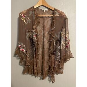 Spencer Alexis Kimono Womens 1X Brown Sheer Lace Floral Ruffle Boho Fairy Y2K